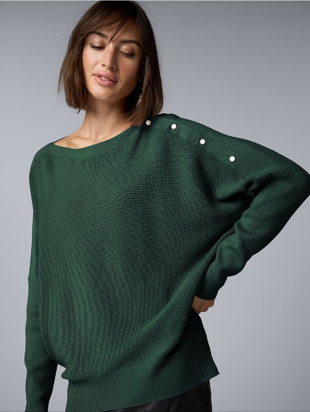 Vera Wang Women's Oversized Forest Green Ribbed Boatneck Knit Sweater Sz XS